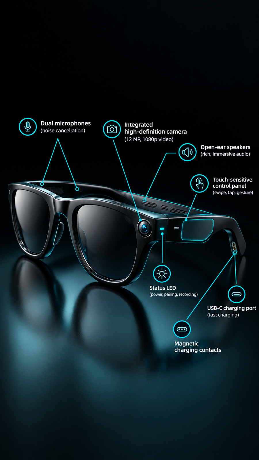 Core Align smart glasses with feature callouts